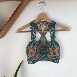 Free People Tan Blue Lace Bra Bralette Racerback